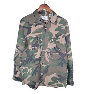 VTG‎ Duck Bay Flannel Men Medium Green Camo Hunting Woodland Retro 100% Cotton